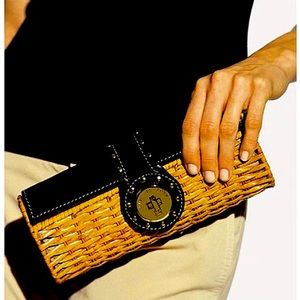 Michael Kors Wicker Rattan Clutch in Black and Gold trim